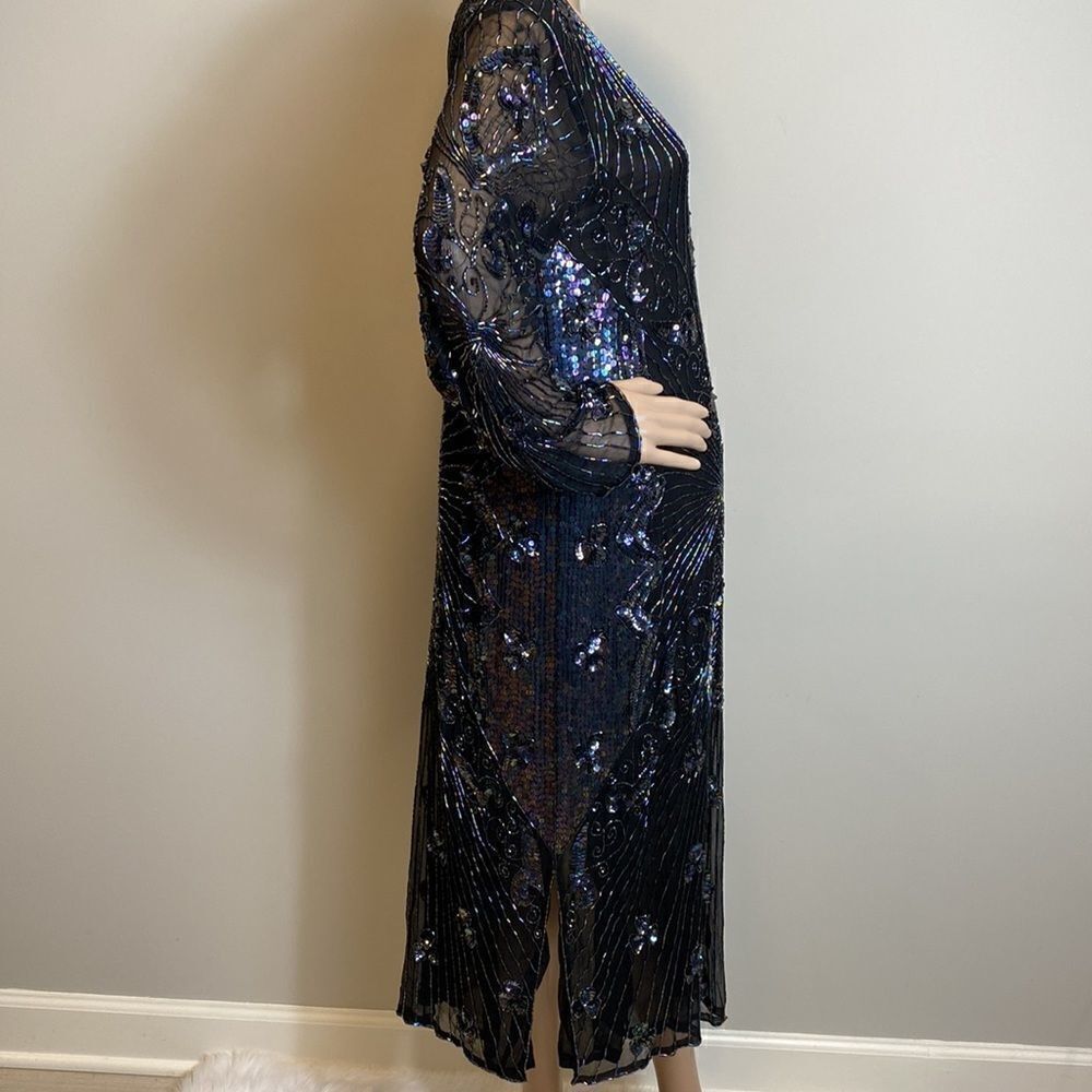 Vintage Beaded Pure Silk Black Evening Dress Art Deco Sequin Midi Size M - Picture 5 of 10